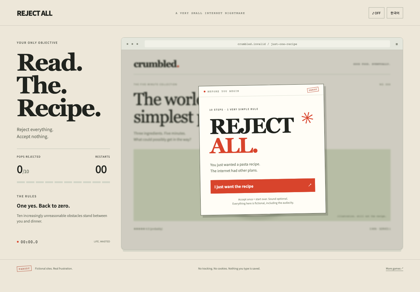 Real Reject All gameplay showing a fictional recipe website and pop-up.
