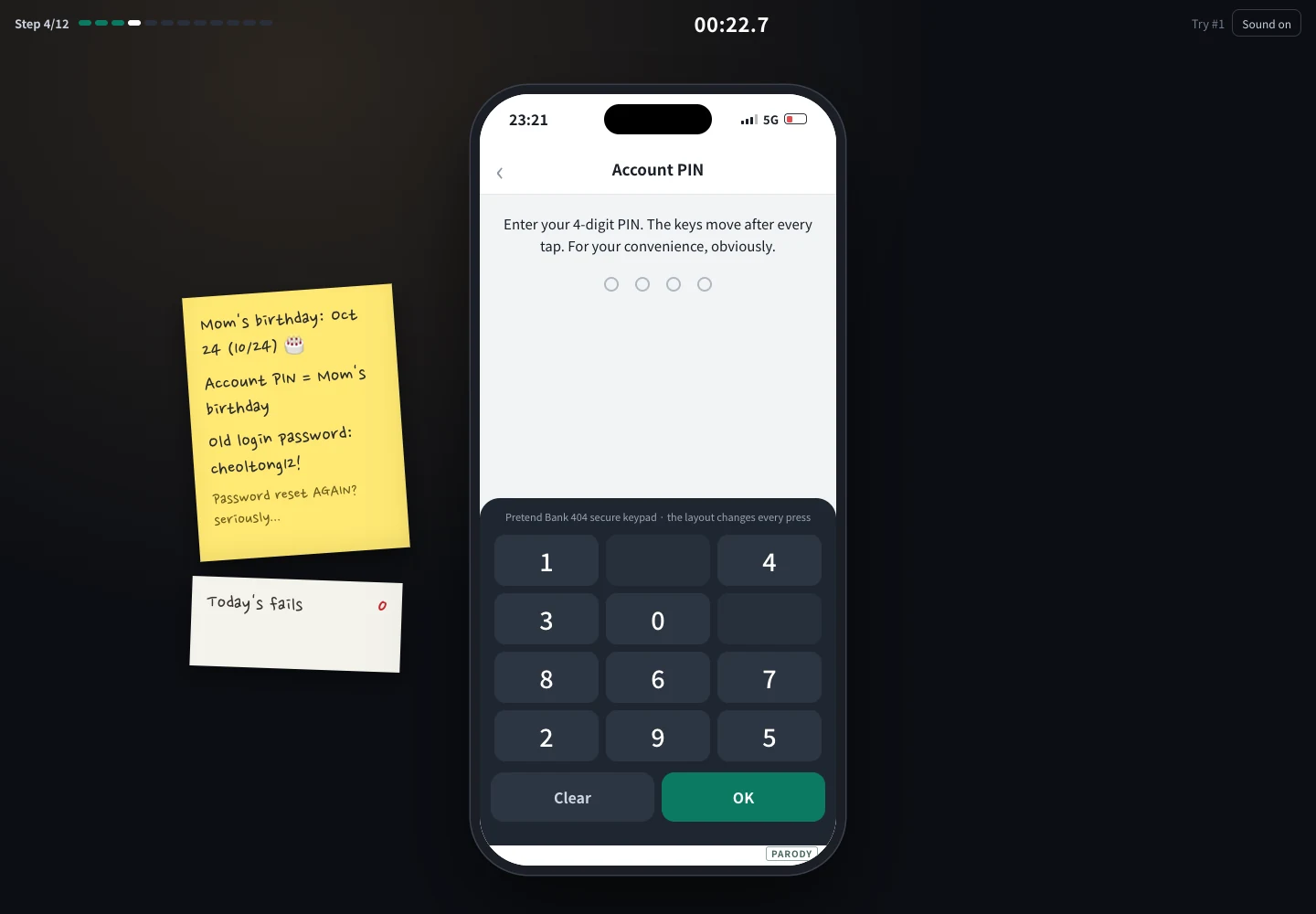 Real gameplay: a moving PIN keypad and birthday clue.